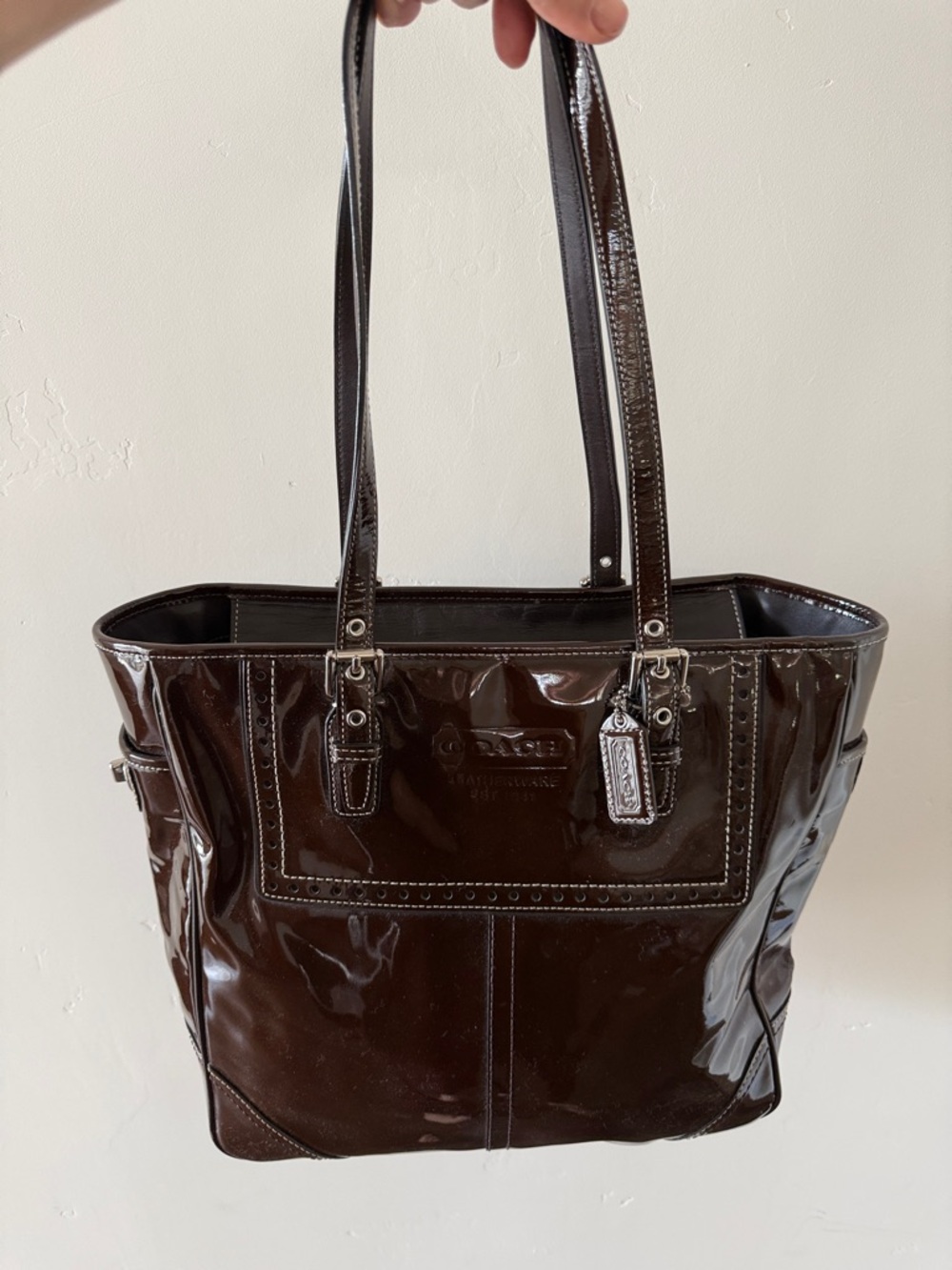 Coach Glossy Dark Brown Patent Tote with Silver Hardware